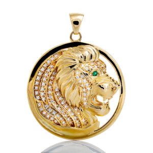 Lion Medallion with Emerald Eyes 10k Gold