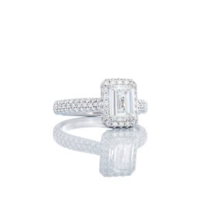 GIA 1.70ctw Emerald Cut Solitaire Diamond Dome Halo & Three Row Dome Pave Shoulders 950 Platinum