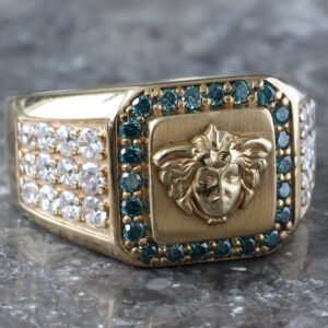 0.33CTW Medusa Head Blue Diamond Border with Cubic Shoulder Ring