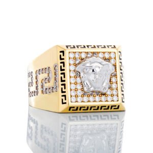 Medusa on CZ Square Top Beveled Greek Key Ring