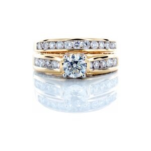 1.50CTW Diamond Solitaire Bridal Set with Channel Set Shoulders & Matching Wedding Band 14k Gold