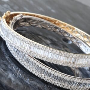 5.65ctw Three Row Baguette Center Round Sides Hinge Bangle