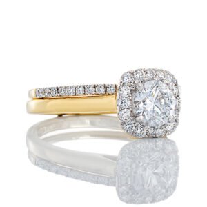 1.19ctw Bridal Set Round Lab Solitaire Cushion Halo High Polish Shoulders and Diamond Pave Band