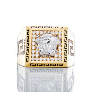 Medusa on CZ Square Top Beveled Greek Key Ring