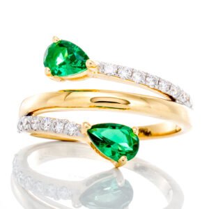 0.25ctw Diamond Pave and Two Pear Cut Emerald Cross Over Band