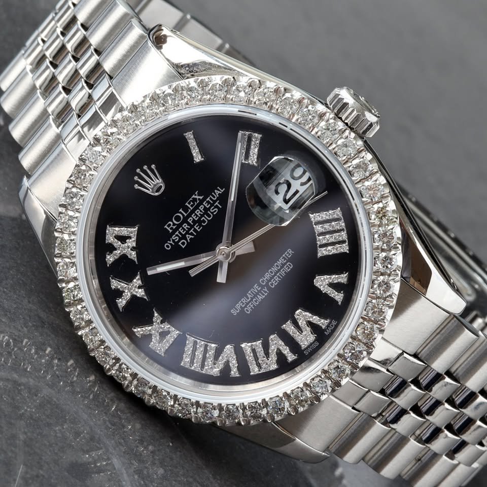 Rolex Datejust 36mm Custom Black Roman Diamond Dial and Custom Diamond Bezel Steel Watch