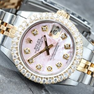 Rolex Datejust 26mm Custom Pink Mother of Pearl Diamond Dial Custom Diamond Bezel 18/Steel Watch
