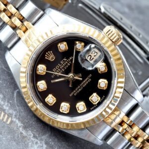 Rolex Datejust 26MM Custom Black Diamond Dial 18K Fluted Bezel Yellow Gold / Steel Jubilee Bracelet