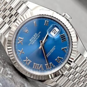 Rolex Datejust 41 Blue Roman Dial 18K White Gold Fluted Bezel Steel Jubilee Bracelet